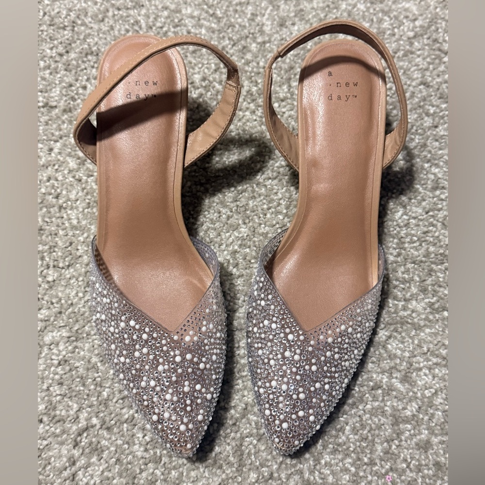 A New Day Rhinestone Pointed Toe Slingback Heels Nude Size 9.5